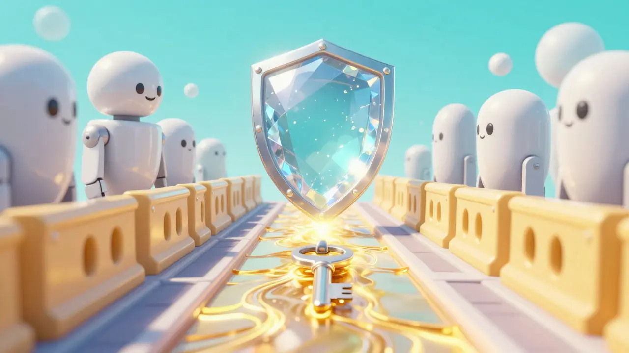 A glowing path from a secret key to a crystal shield with barriers preventing reverse travel.