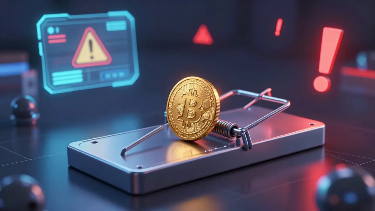 A golden crypto coin acting as bait on a mechanical trap with red warning symbols.