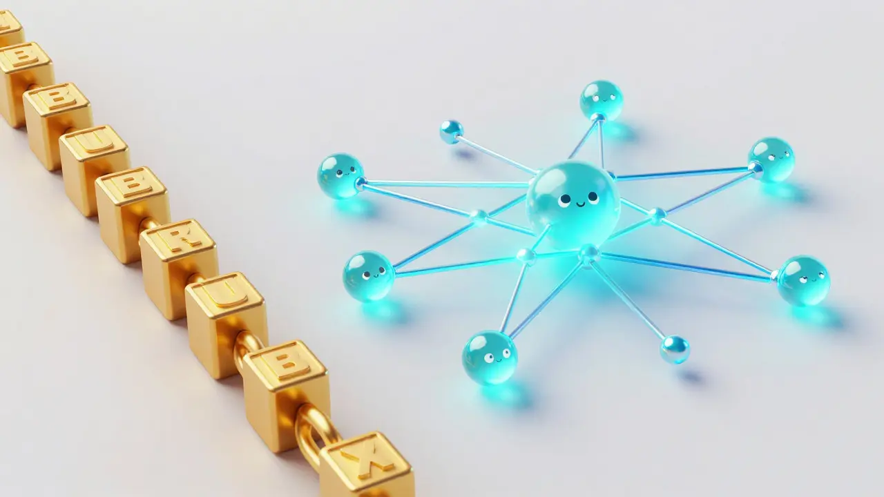 A hybrid visual of a linear blockchain merging into a web-like DAG network.