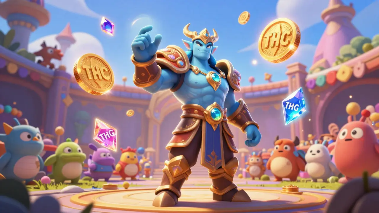 A legendary hero standing in a vibrant battle arena surrounded by floating gems and coins