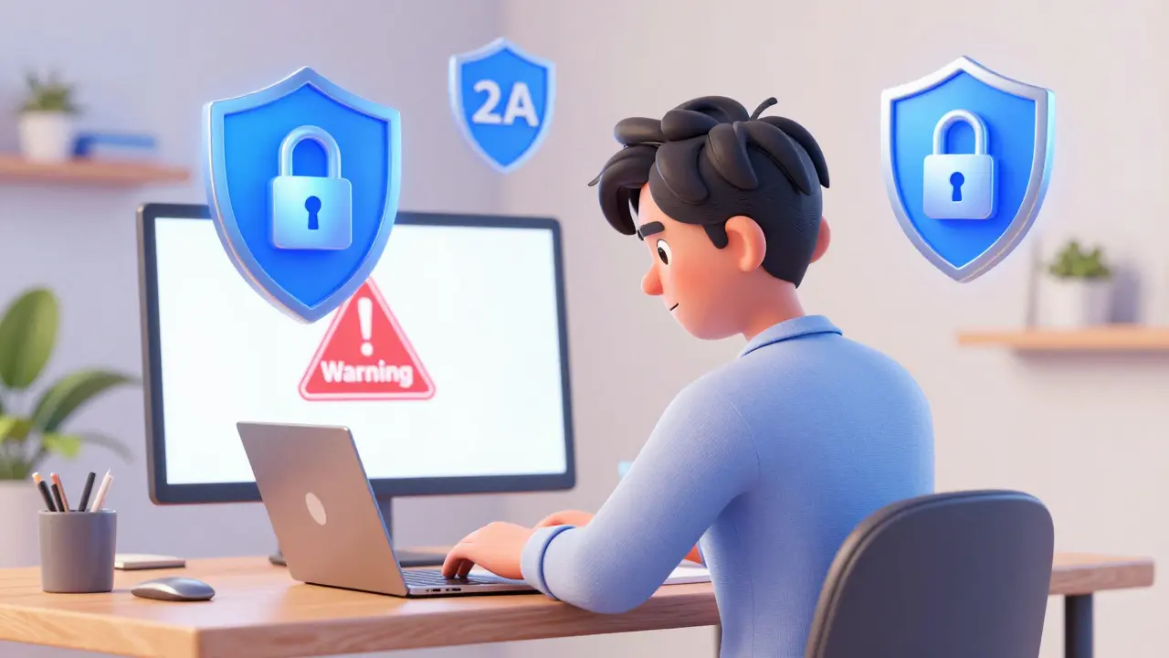 A person securing their digital accounts with glowing blue holographic shields
