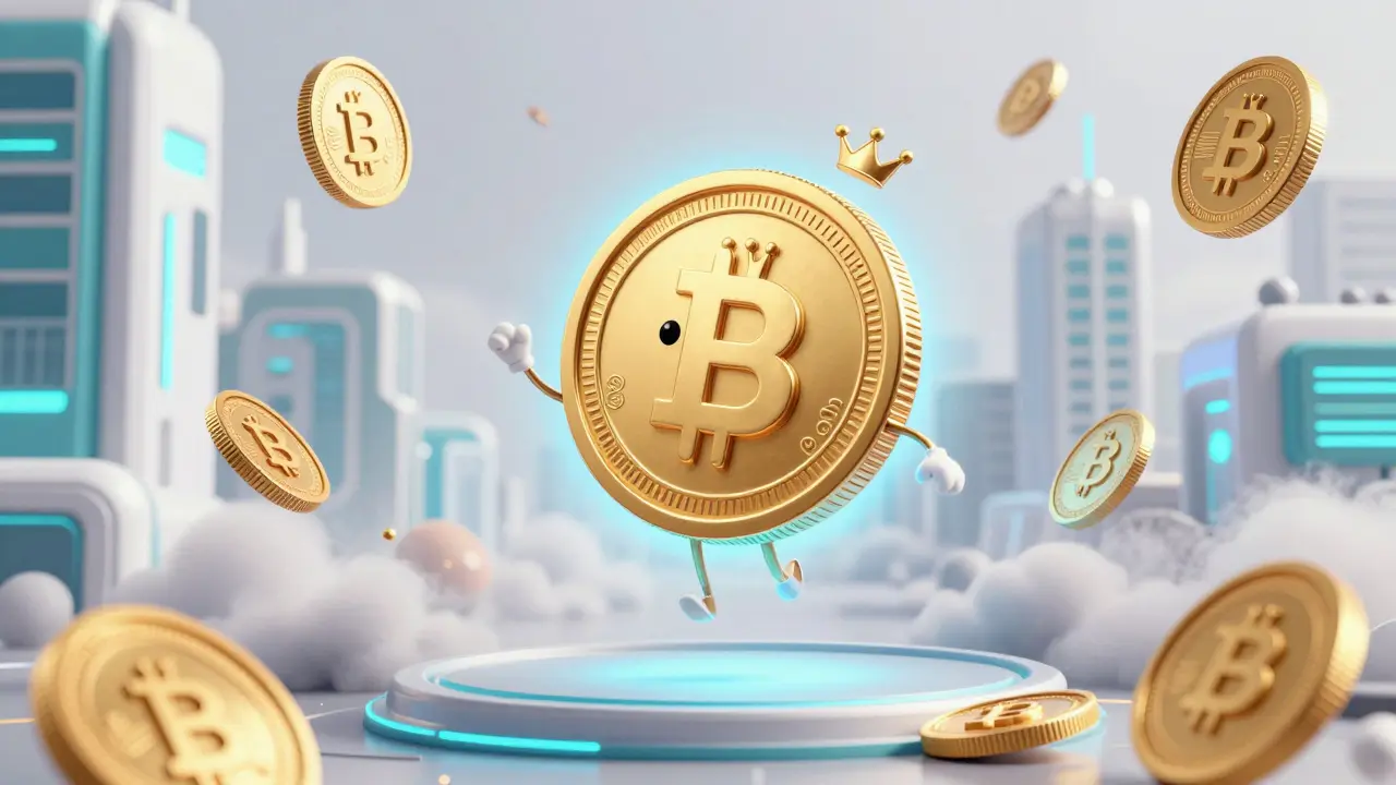 A personified Digital Rupee coin glowing in a futuristic digital city