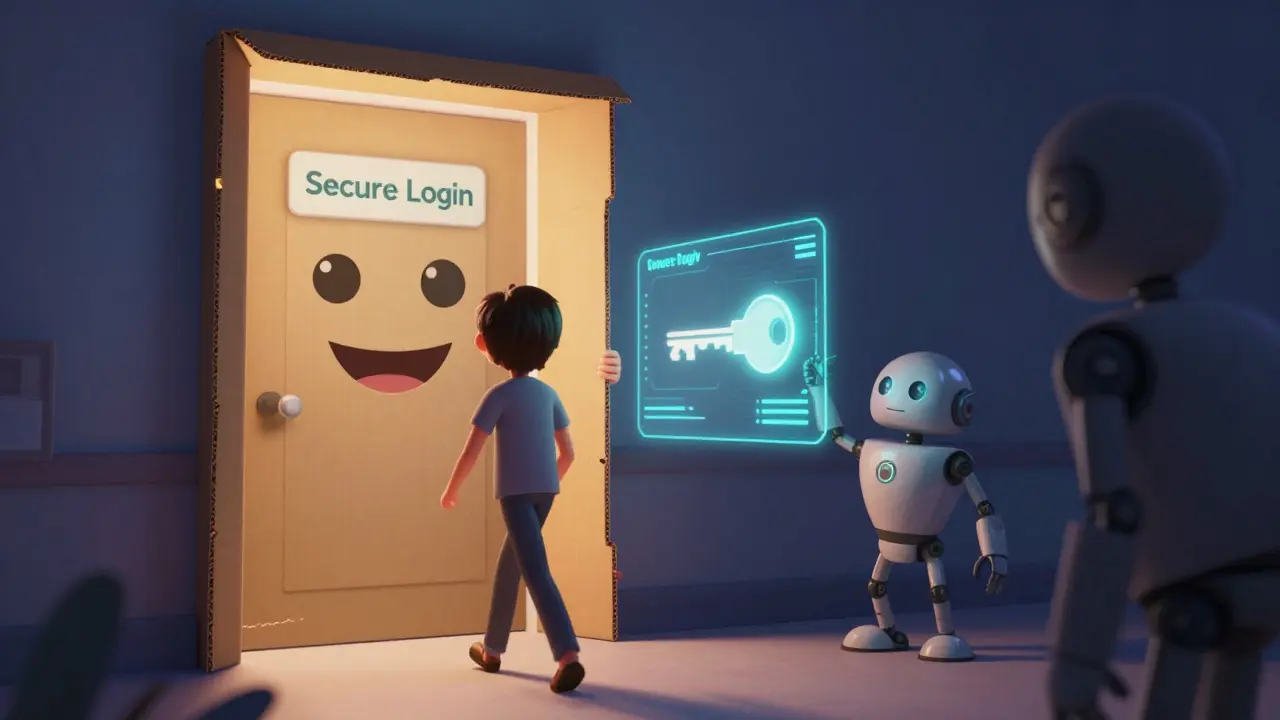 A robot using a fake login facade to steal a digital session cookie in Pixar style.
