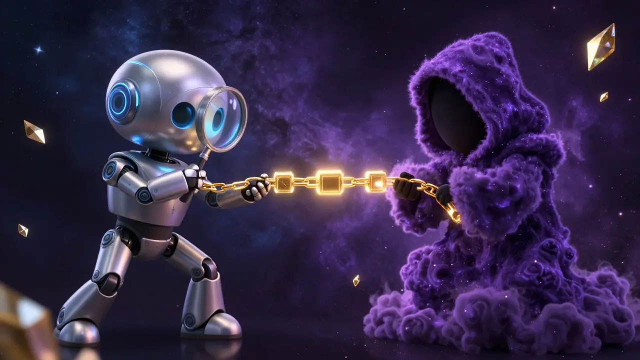 A robotic AI and a nebula-like figure in a playful tug-of-war over a chain of golden data blocks.