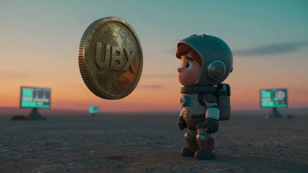 A small explorer character standing next to a weathered digital coin in a quiet landscape.