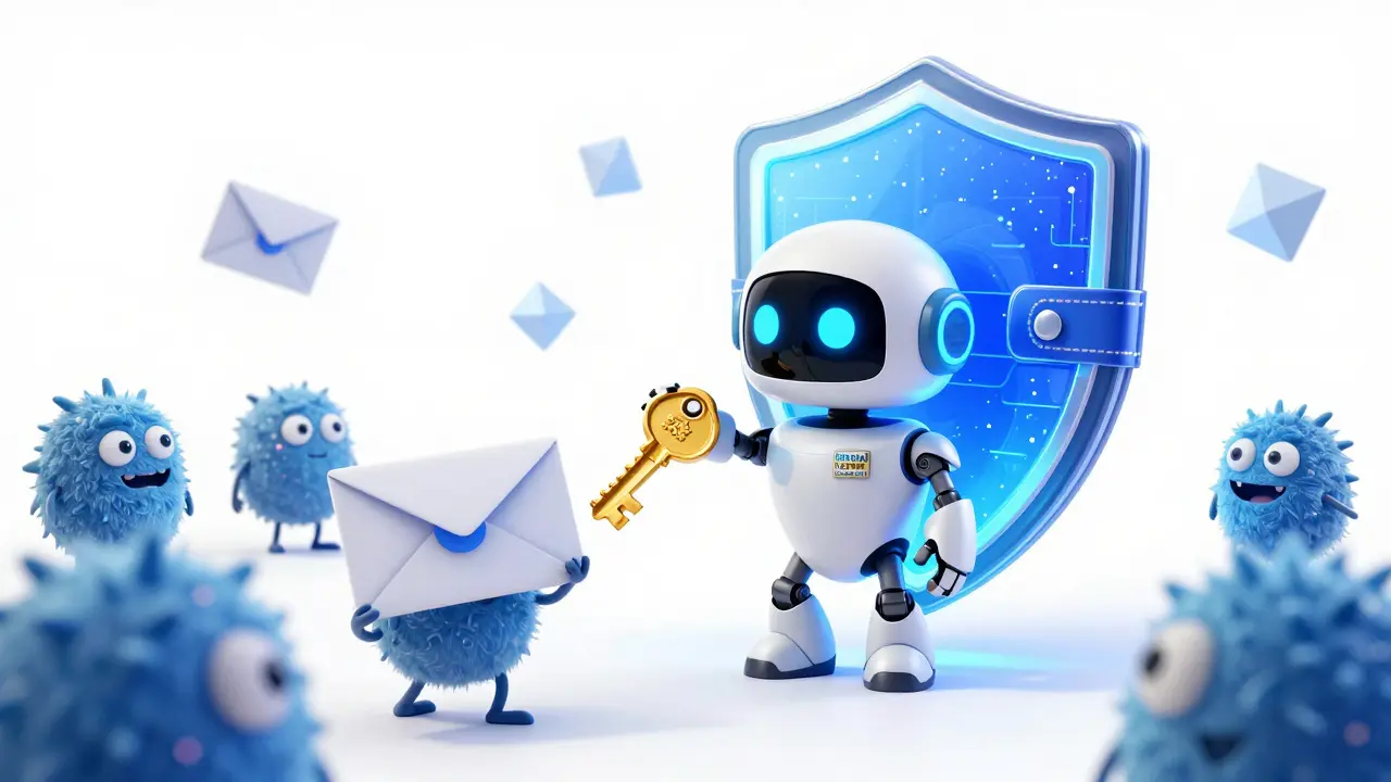 A small robot guarding a digital wallet from glitchy phishing monsters.