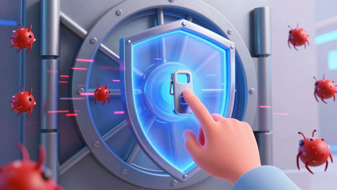 A user using a hardware security key to create a protective shield against digital attacks.