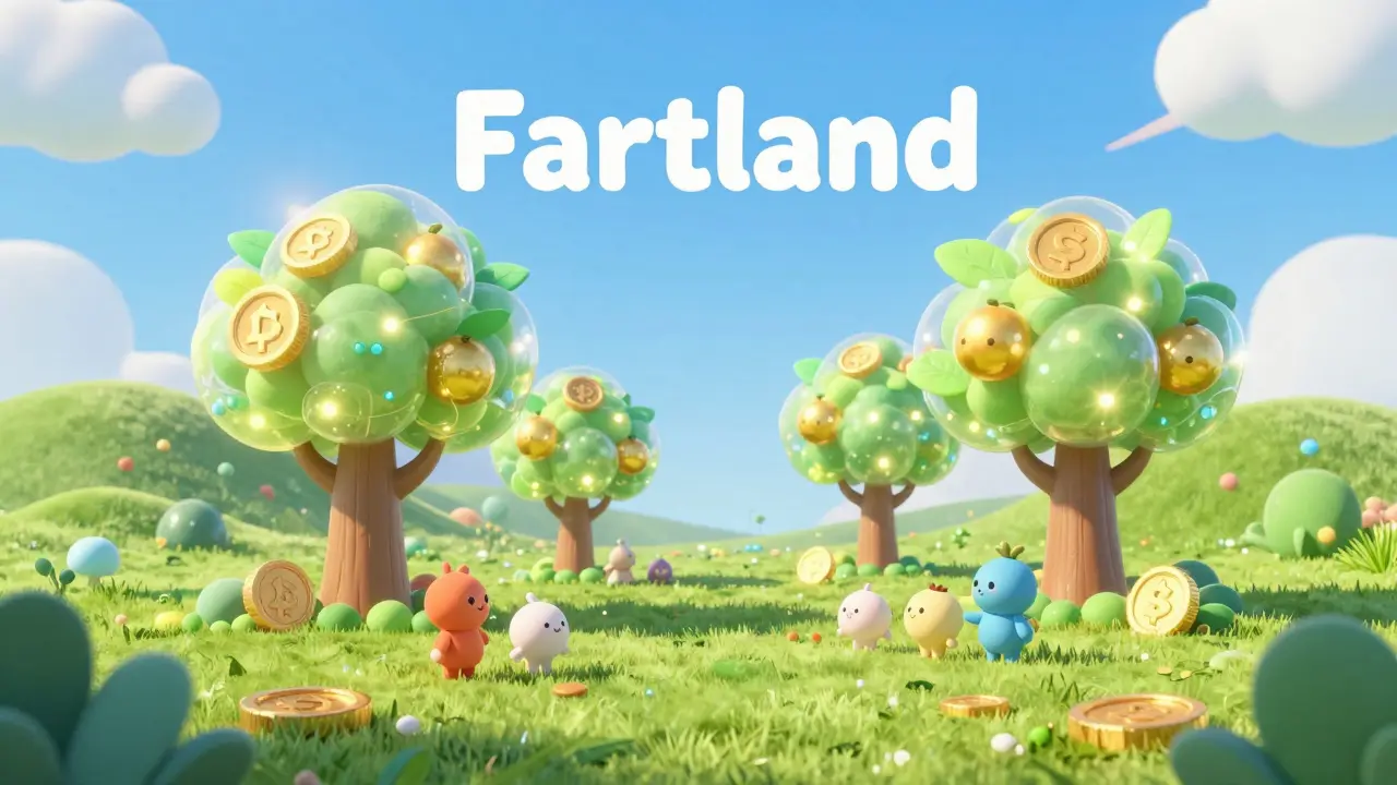 A whimsical virtual landscape with glowing trees and characters in a metaverse.