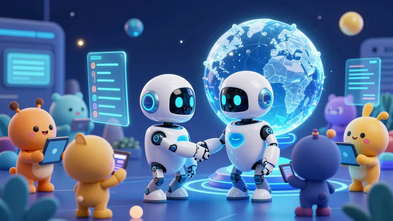 AI robot and a digital globe surrounded by people in a vibrant futuristic hub.