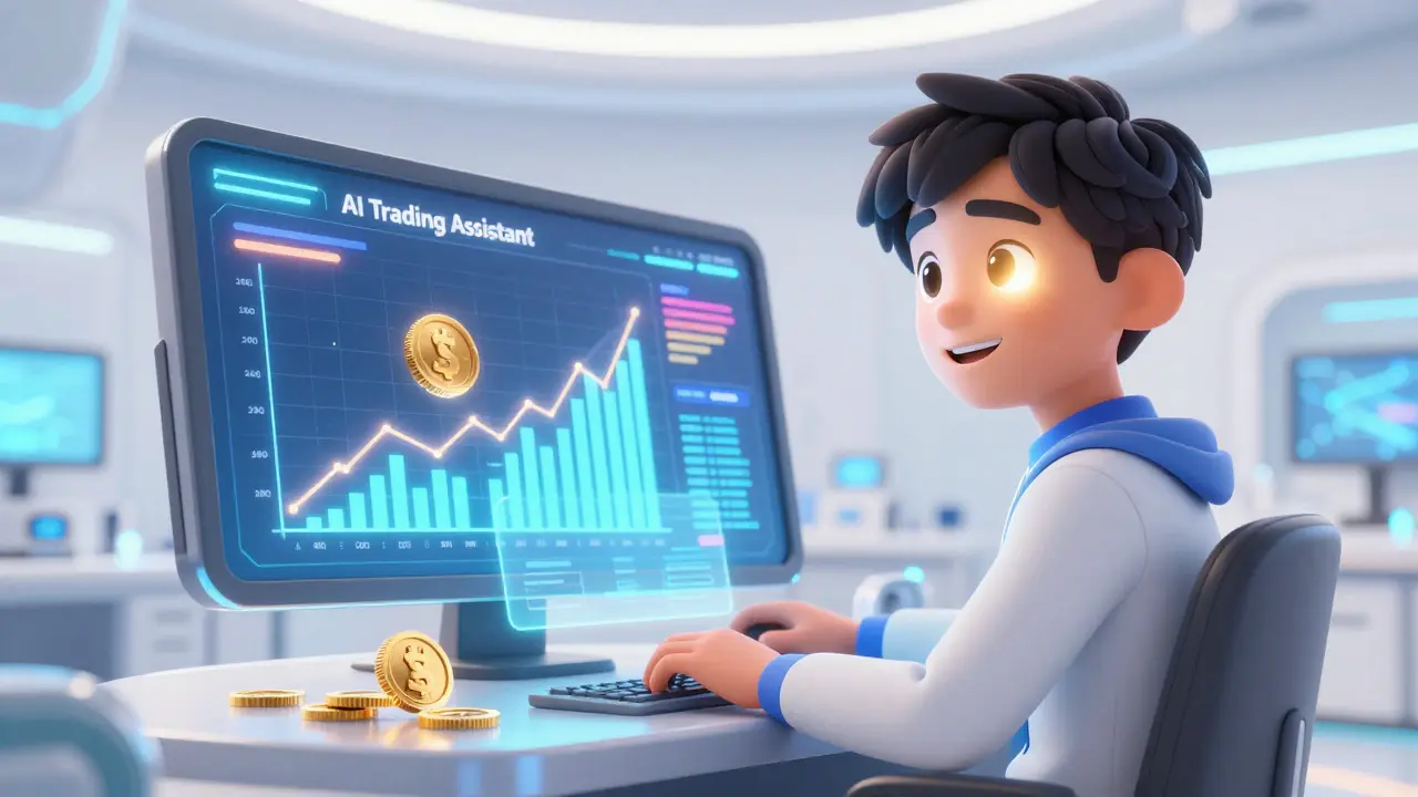 Character using a futuristic AI trading console with glowing holographic charts.