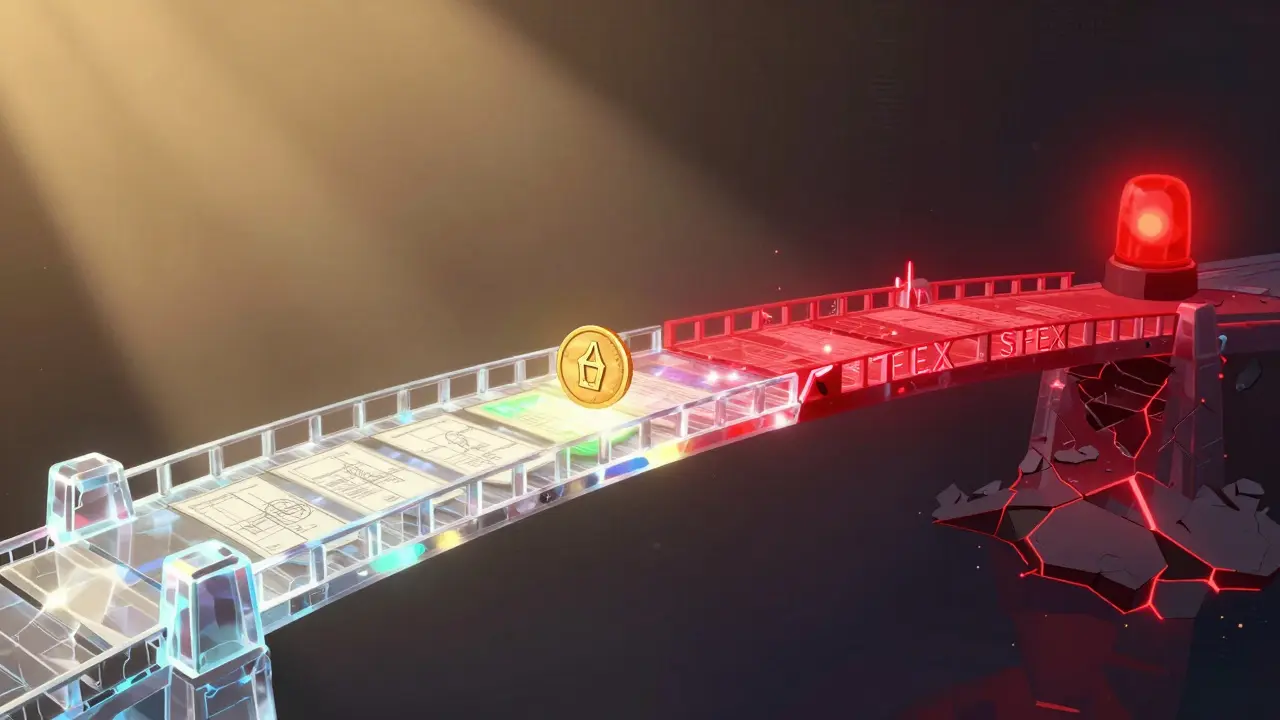 Comparison between a sturdy crystalline bridge and a glitchy, crumbling red bridge over a digital void.