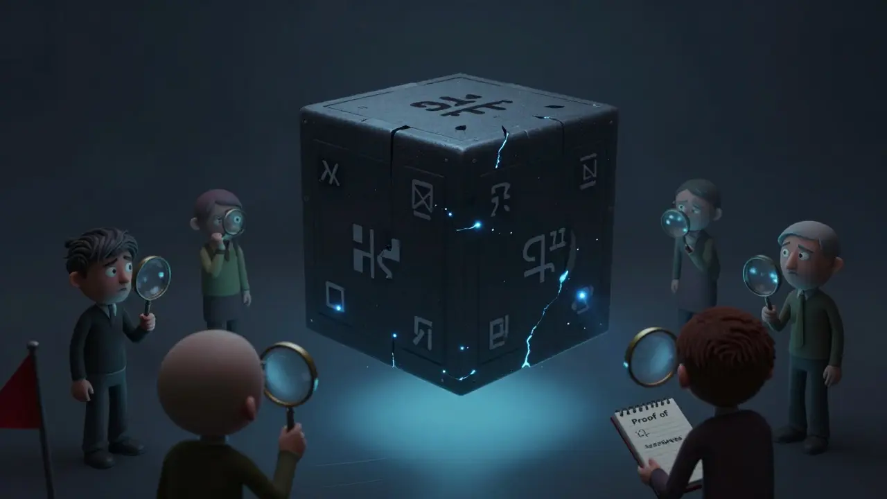 Confused characters investigating a mysterious black box representing lack of transparency.