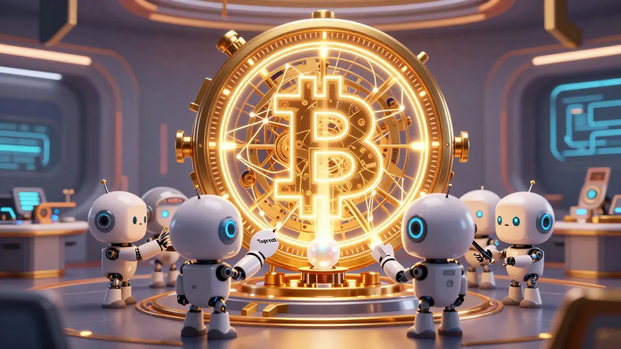 Cute robots upgrading a golden mechanism to a single beam of light in a high-tech center.