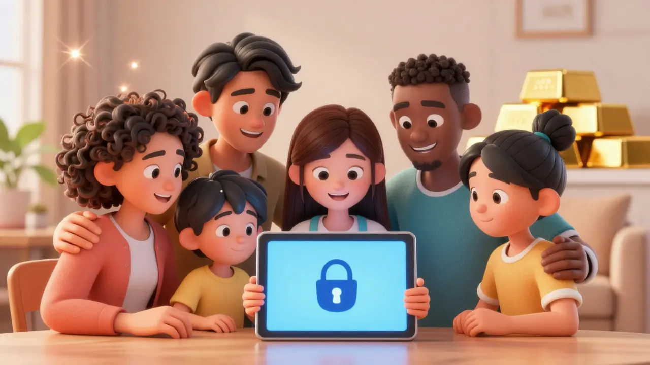 Family smiling while using tablet with secure financial icons in background