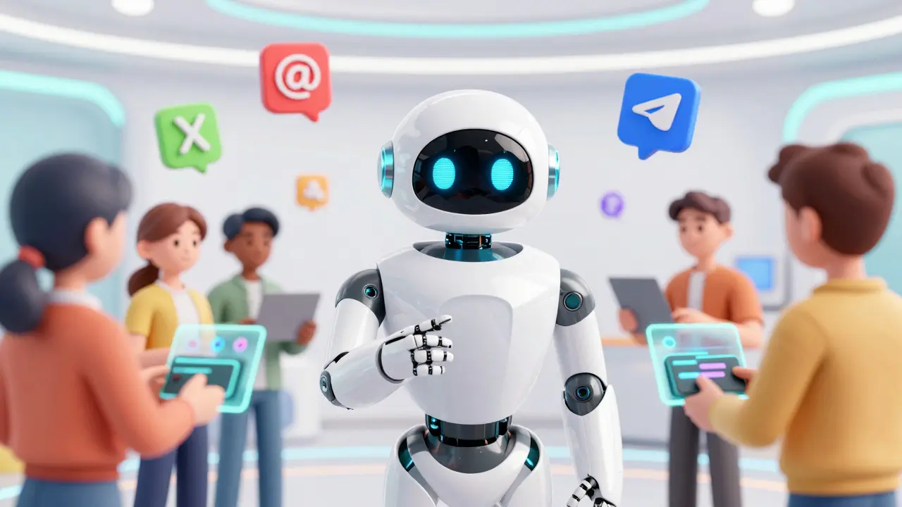 Friendly AI robot helping people with social tasks for a crypto airdrop