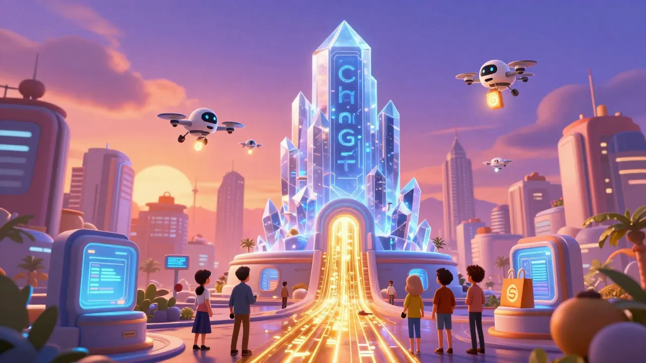 Futuristic city showcasing the ChainGPT AI and blockchain ecosystem