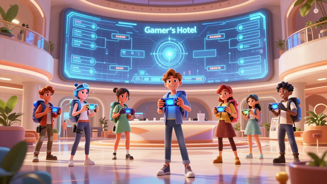 Futuristic gaming hotel lobby with guests and holographic tournament displays.