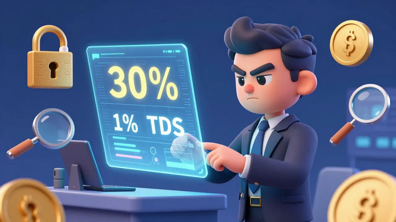 Government official reviewing crypto tax and compliance data on a holographic screen.