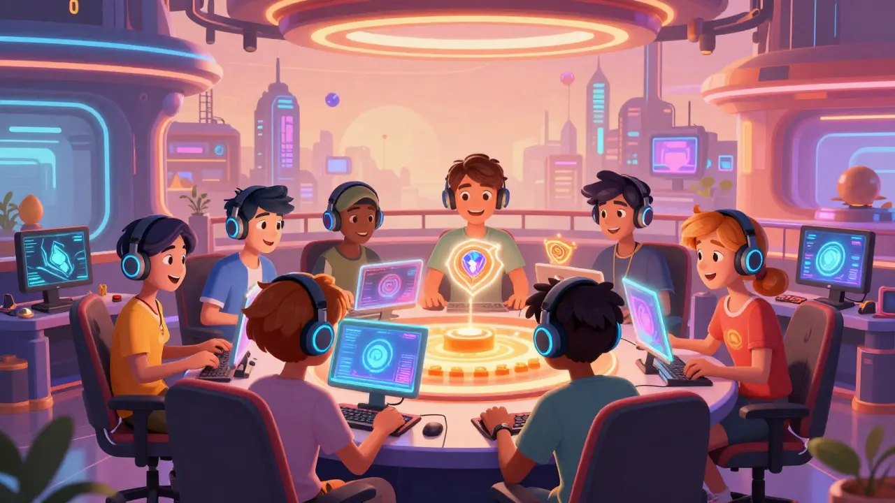 Group of diverse gamers interacting with holographic NFTs in a vibrant esports hub.