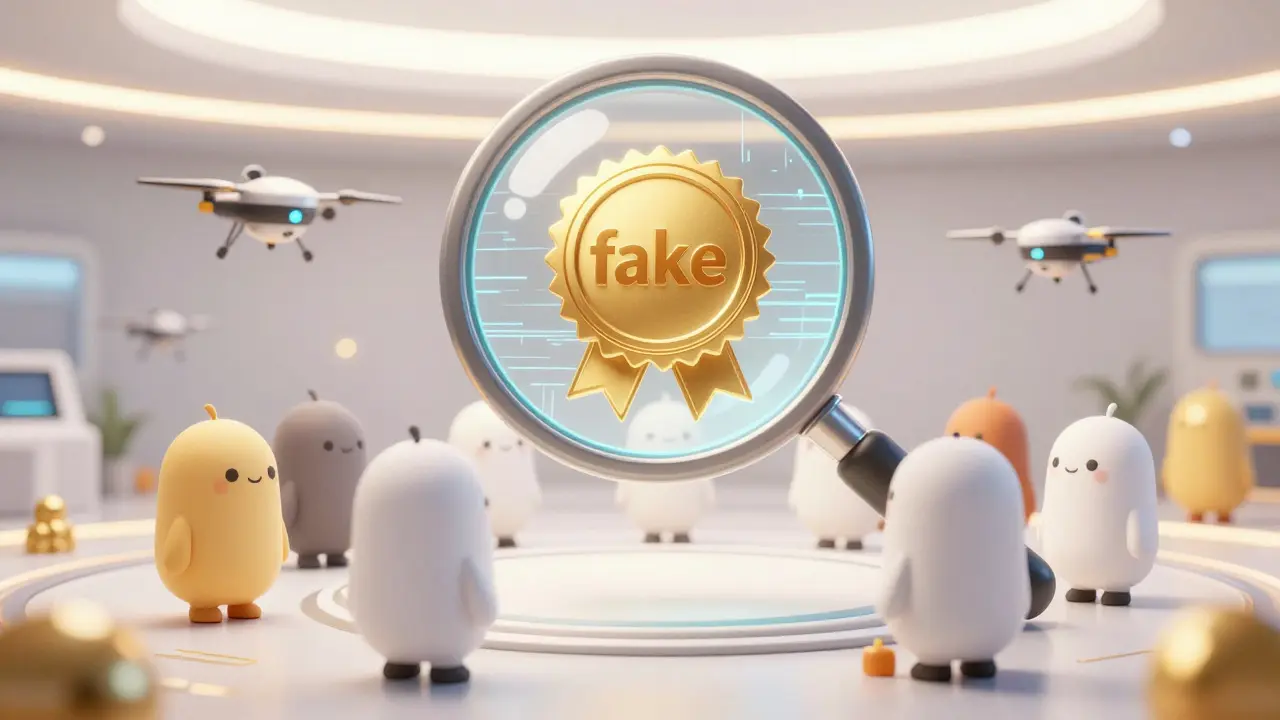 Humans and AI drones using a digital magnifying glass to verify information authenticity.
