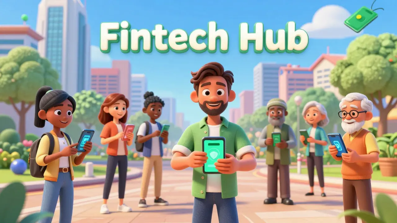 People using digital wallets in a vibrant, futuristic Nigerian fintech city hub.