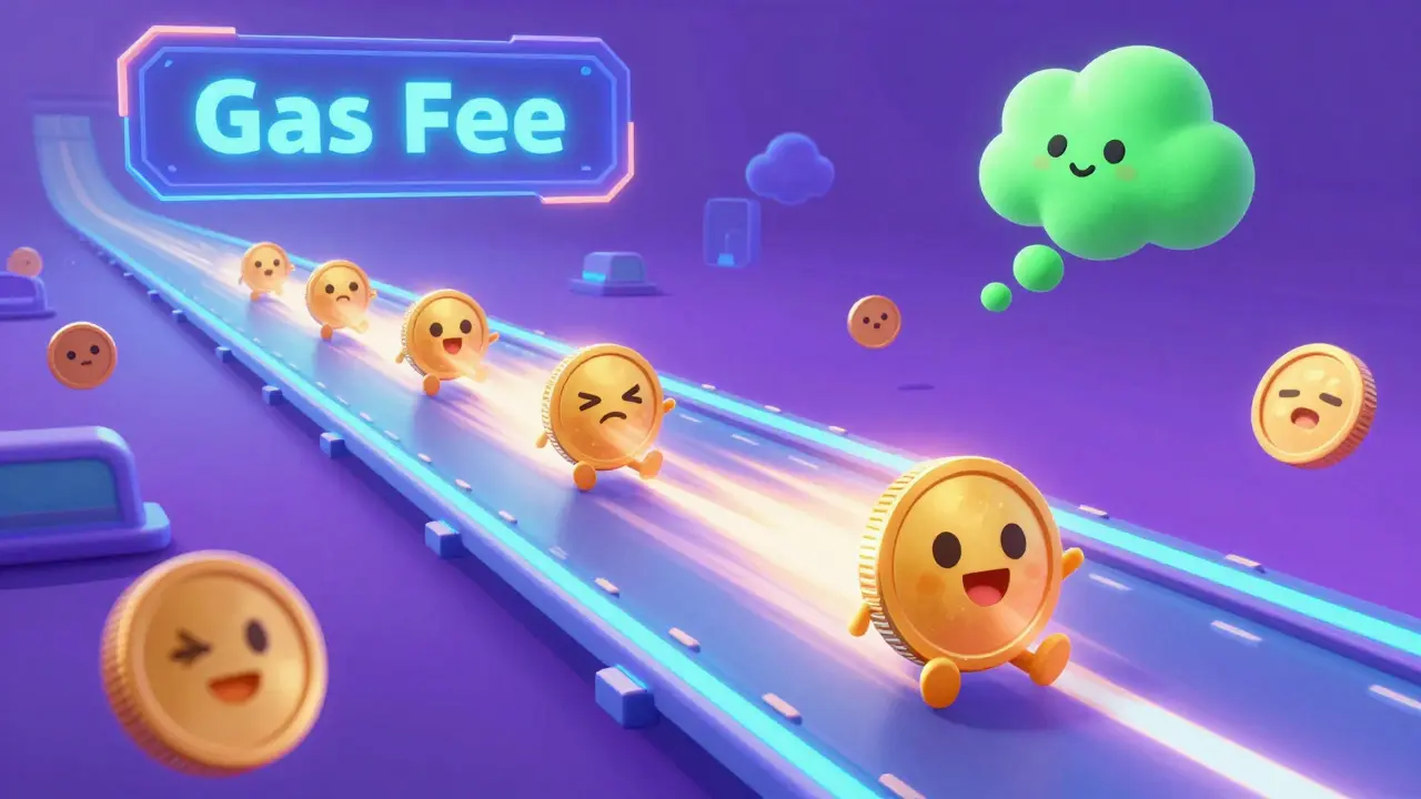 Stylized gold coins racing on a neon-lit digital blockchain highway.