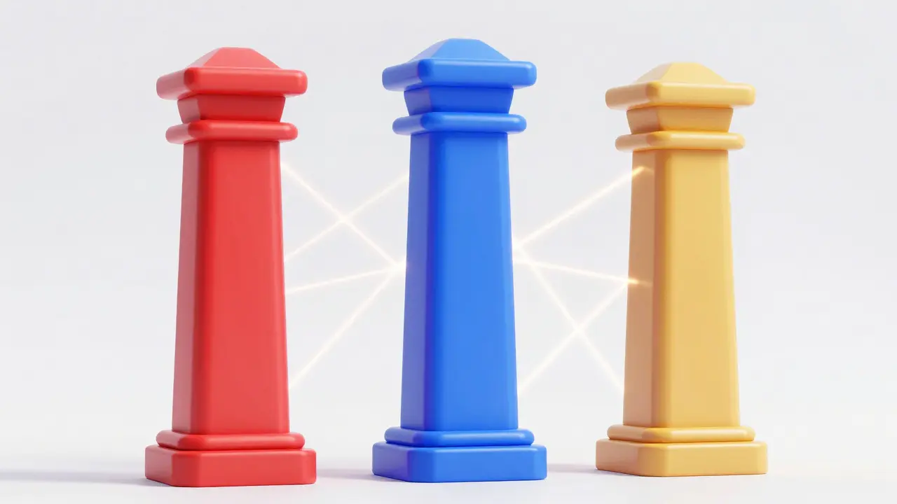 Three colored guardian pillars connected by energy network symbolizing unity