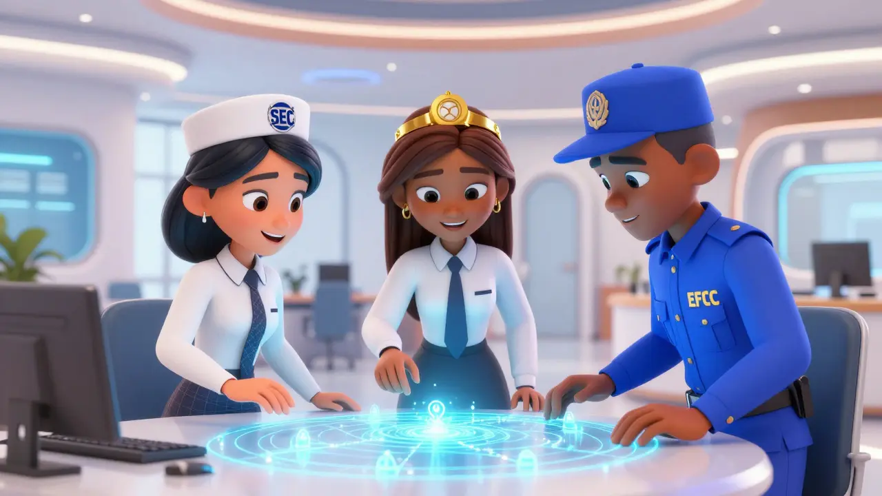 Three professional characters collaborating around a holographic blockchain map in a futuristic office.