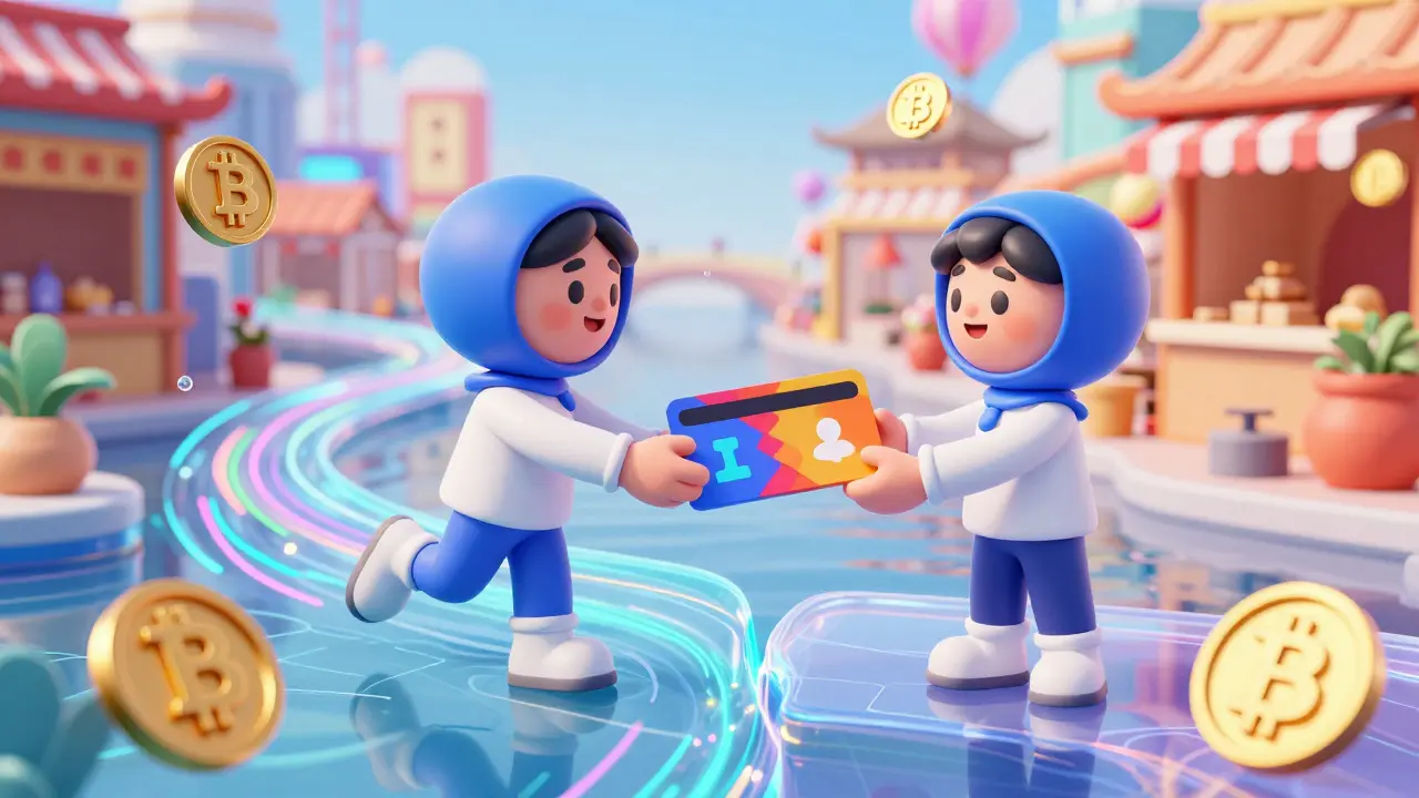 Two characters exchanging a digital gift card for cryptocurrency in a whimsical setting