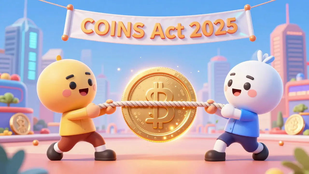 Two characters representing RBI and SEBI pulling a digital coin in a futuristic city.