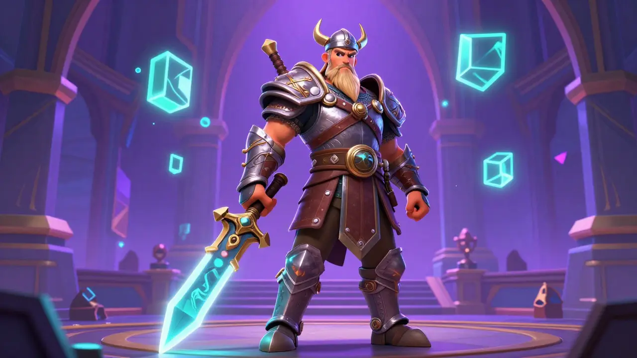 Viking avatar with glowing weapons in a futuristic neon combat arena
