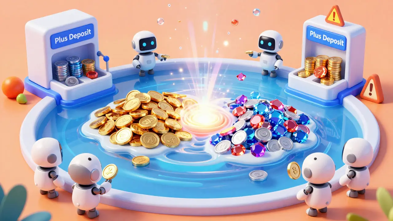 3D illustration of colorful tokens merging in a liquidity pool with helper robots.