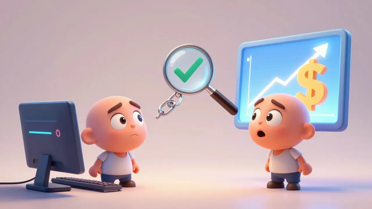 A confused Pixar character comparing conflicting crypto price graphs on two different screens.