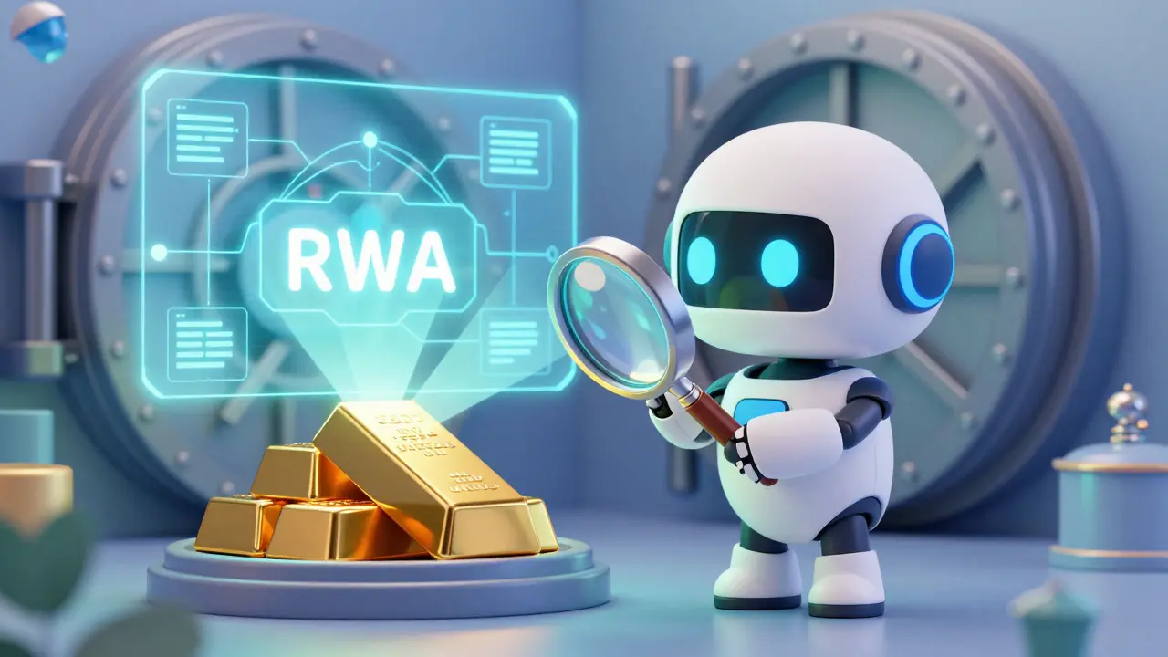 A cute robot oracle verifying a gold bar connected to a blockchain network.