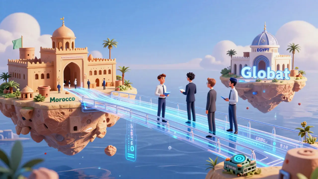 A futuristic digital bridge connecting Morocco to global markets via central bank currency.