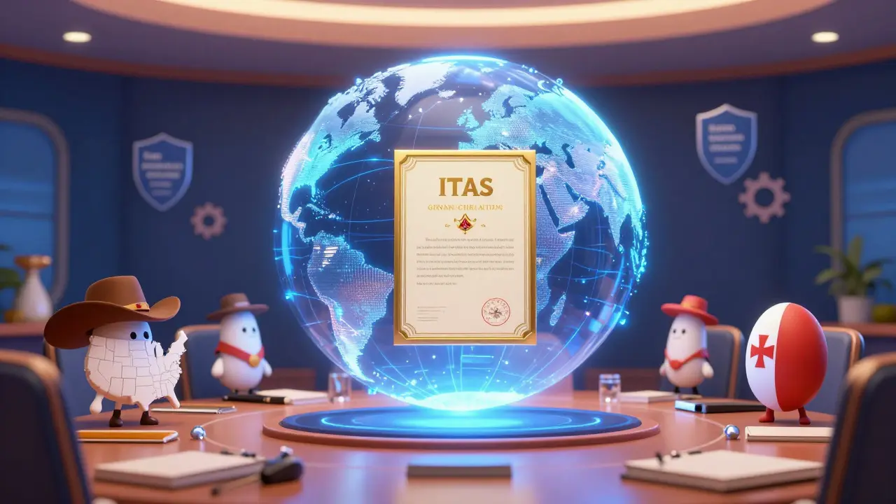 A holographic map highlights Malta's certification connecting to Europe, surrounded by jurisdiction icons.