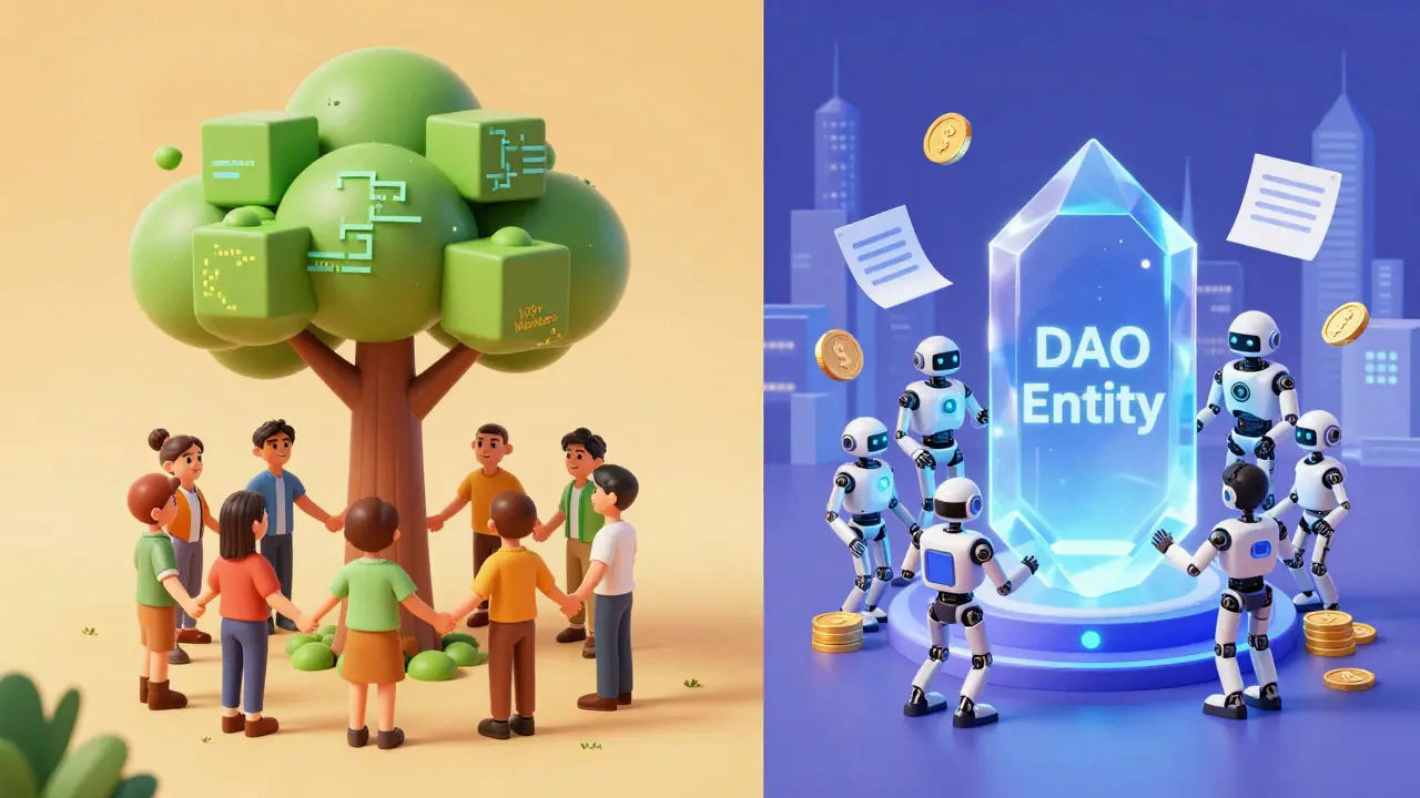 A split view showing a community-focused nonprofit DAO model versus a commercial profit-seeking DAO model.