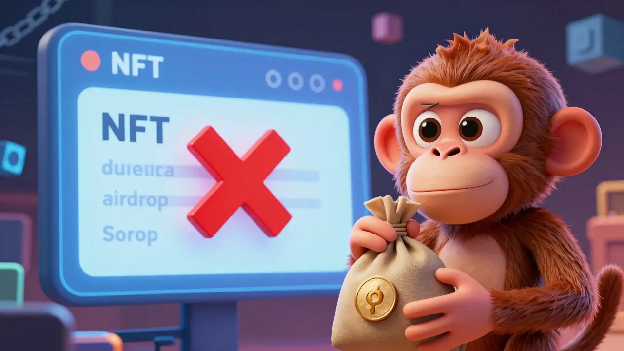 A worried cartoon monkey next to a listed NFT being disqualified, while another holds rewards safely.