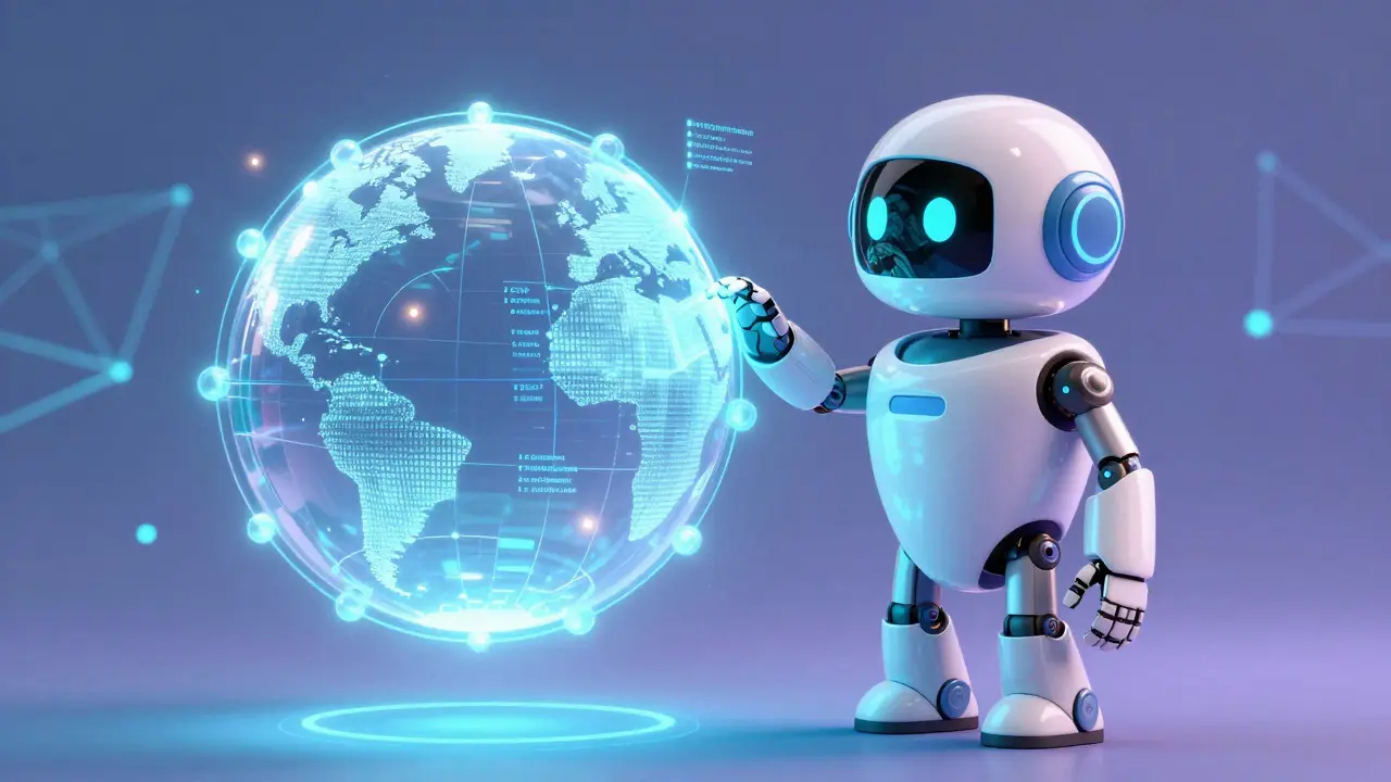 An AI robot assistant scanning a holographic globe of interconnected blockchain networks.