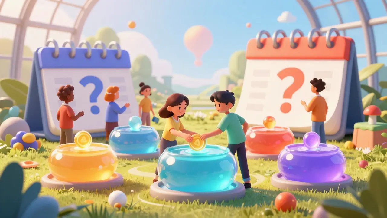 Animated characters exploring yield farming pools