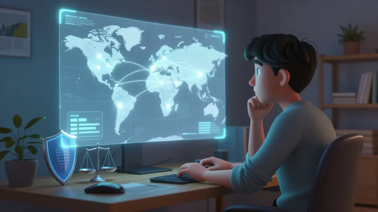 Animated investor looking at a holographic map of global real estate investments