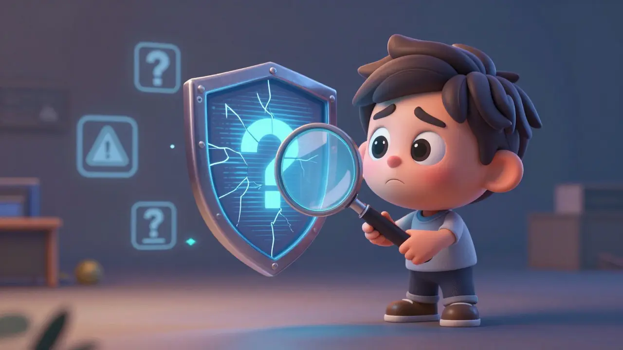 Animated user checking cracked security shield with warning signs