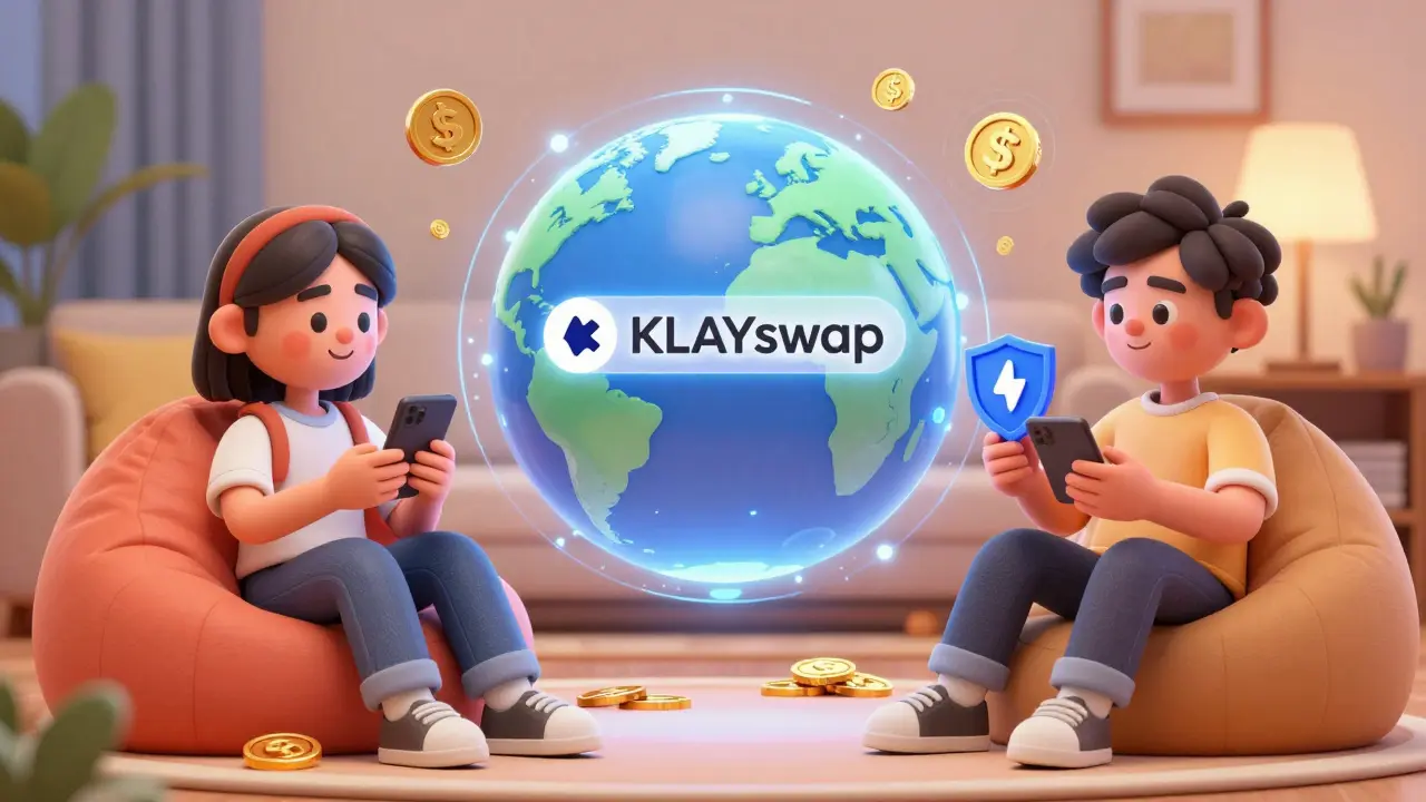 Animated users gathering around a holographic map of Asia representing KLAYswap users.