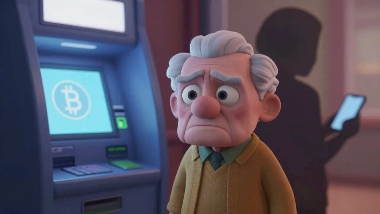 Anxious senior at crypto ATM with shadowy scammer figure