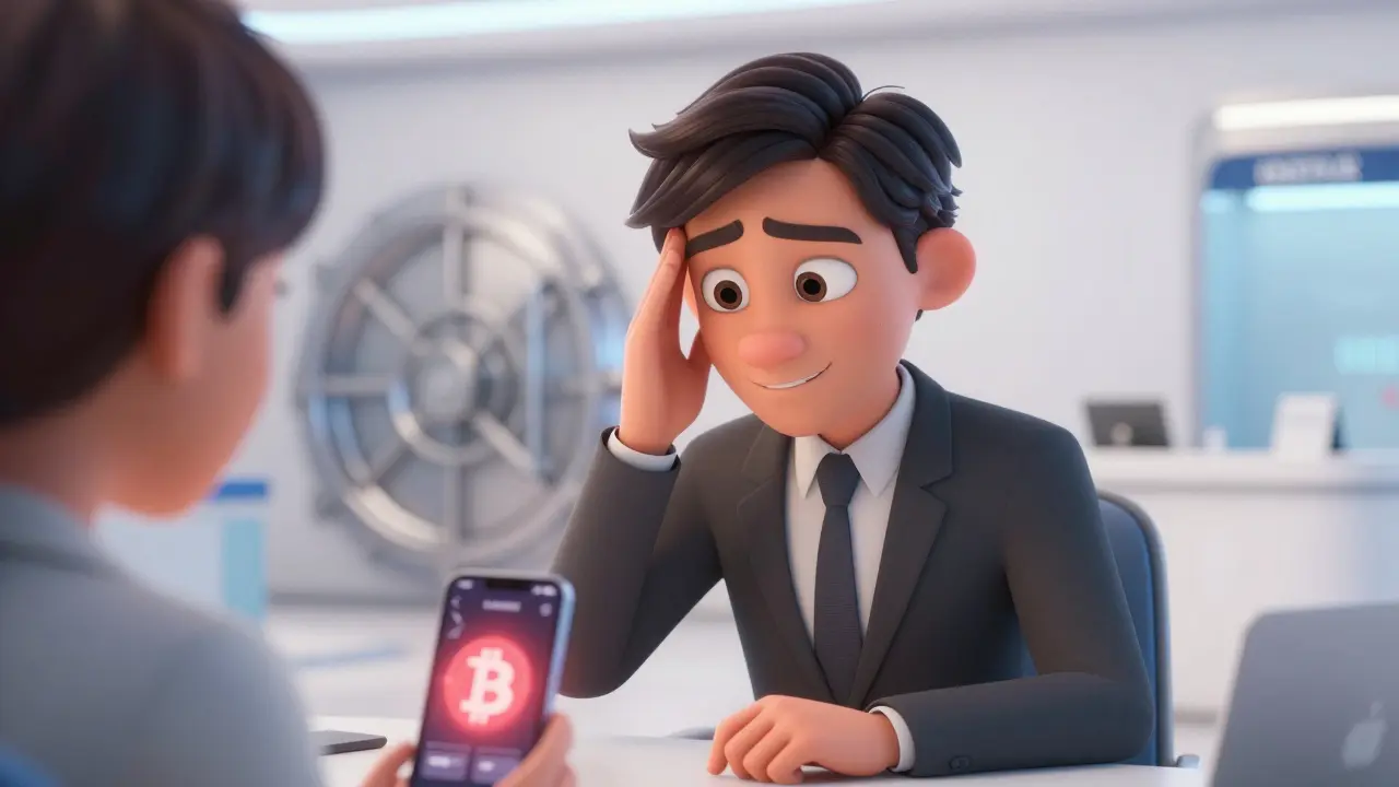 Banker rejecting a Bitcoin transaction request in a modern office