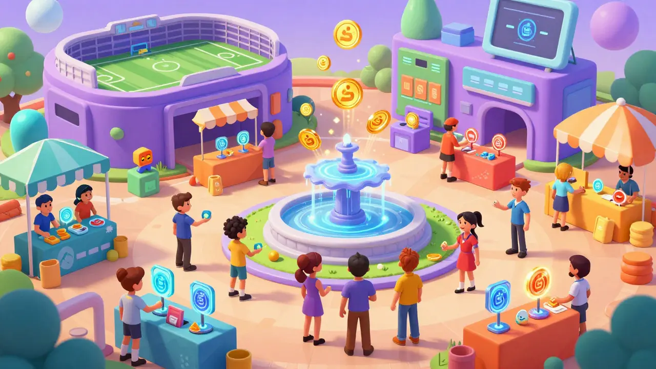 Bustling digital marketplace where avatars trade soccer tokens and assets