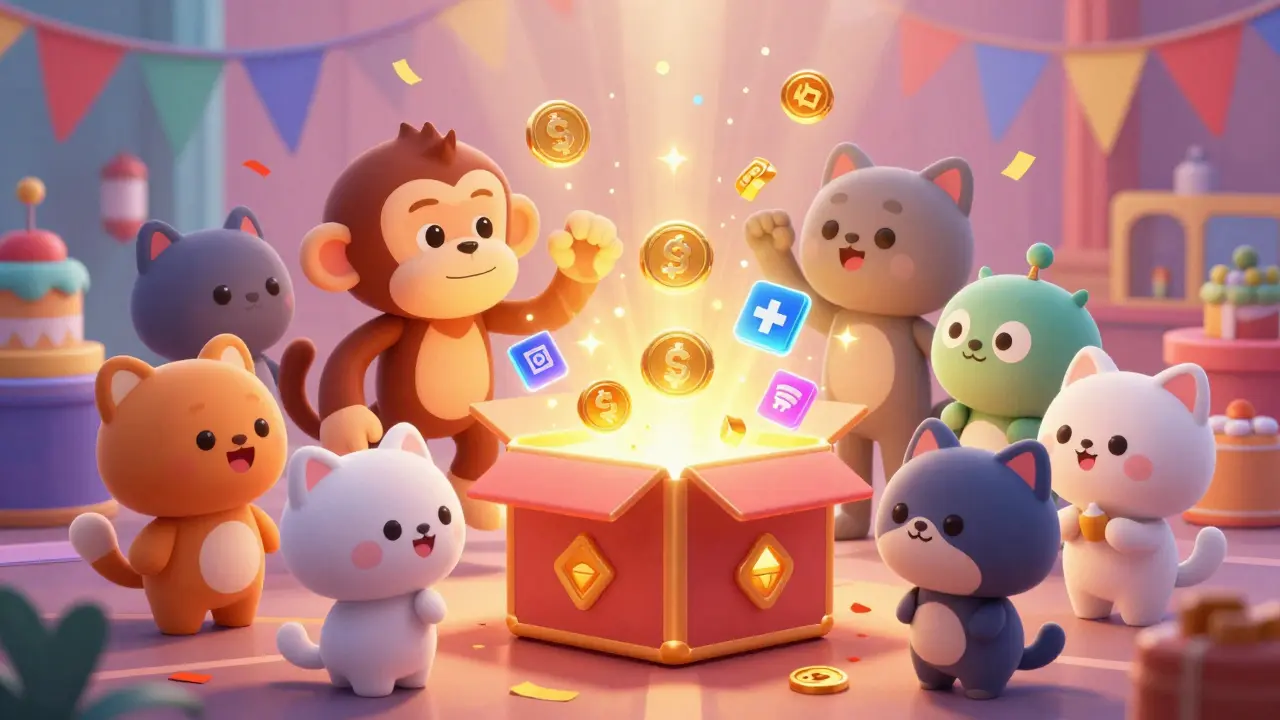 Cartoon animals celebrating as a glowing mystery box opens to reveal tokens and rewards.