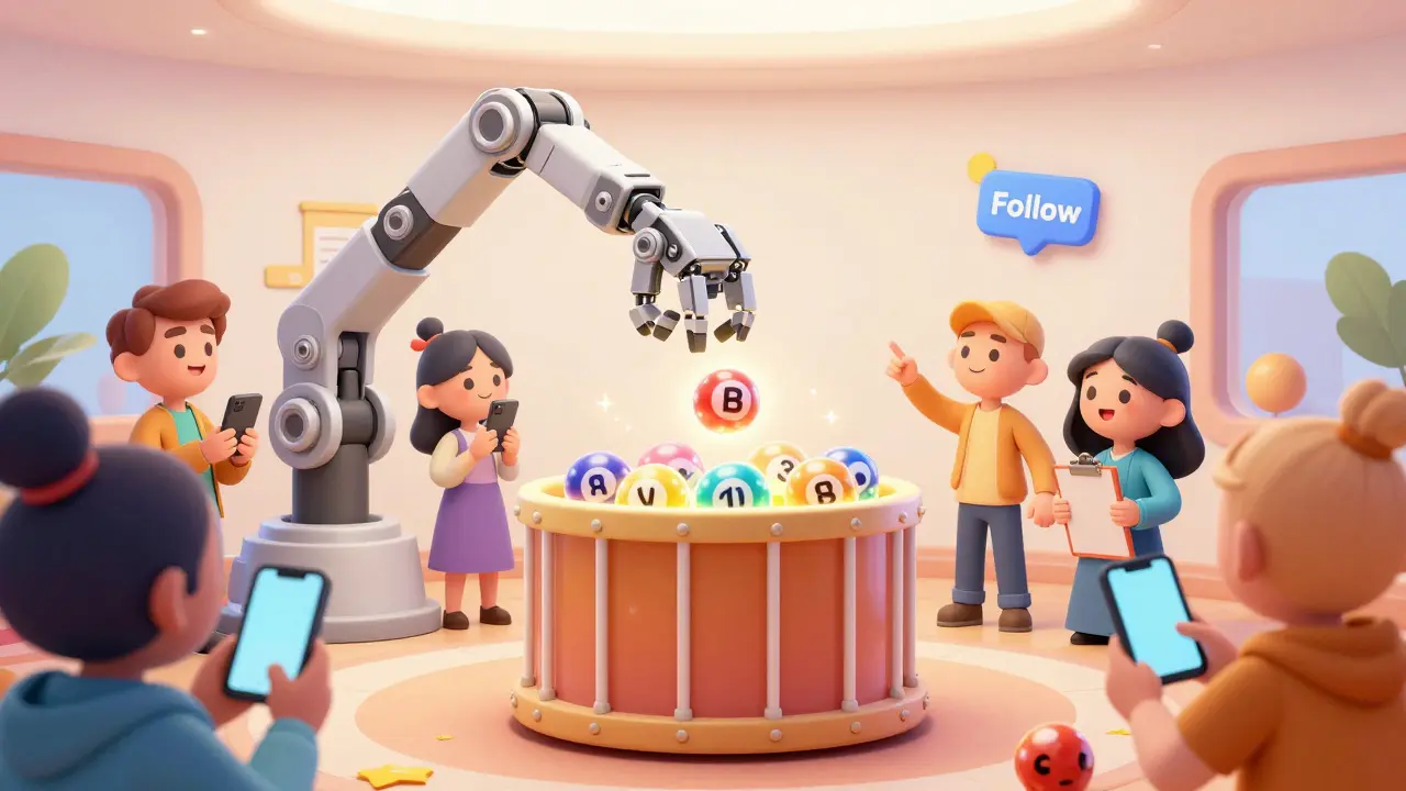 Cartoon avatars watching a lottery ball draw in a colorful virtual community hub setting.