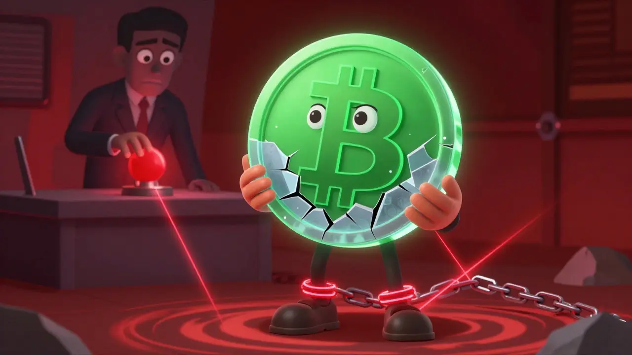 Cartoon character holding a cracking crypto coin surrounded by red chains
