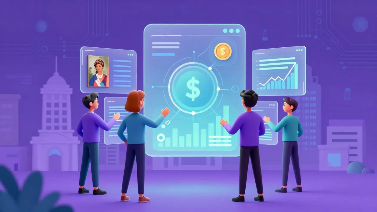 Cartoon characters trading digital asset tokens in a futuristic marketplace.